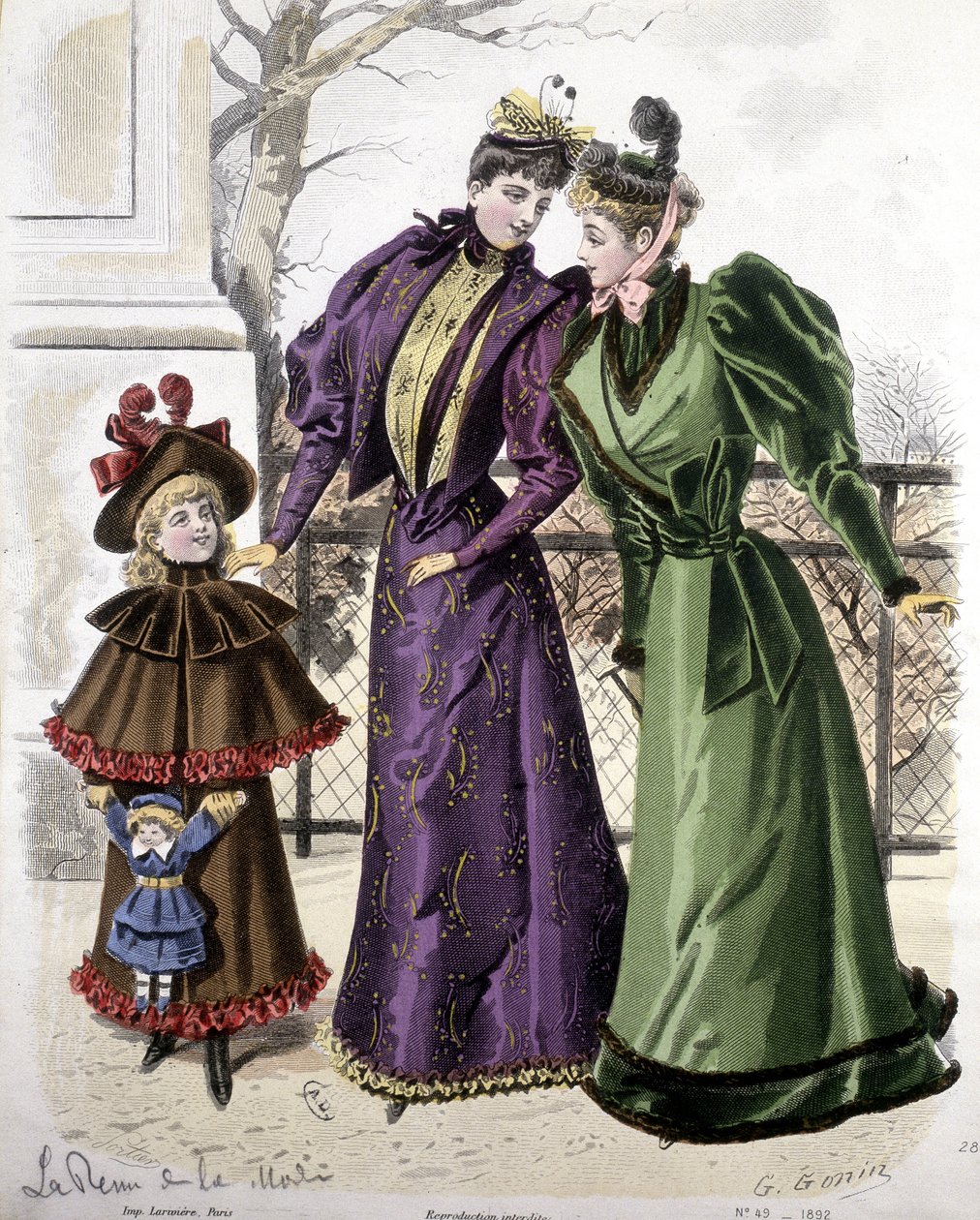 Moda: 2 mujeres y una niña con una muñeca. 1892 de French School