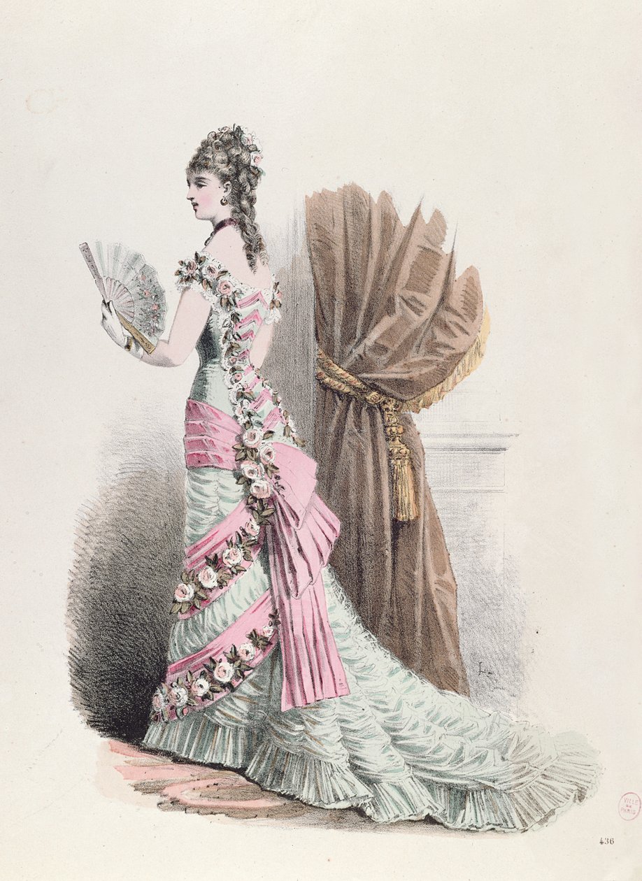 Placa de moda de una mujer en vestido de noche y con un abanico, 1877 de French School