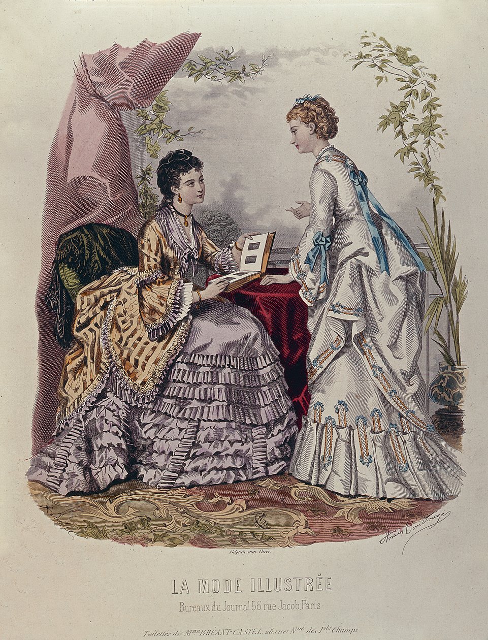Placa de moda que muestra a damas con vestidos diseñados por Mme Breant-Castel y mirando álbumes de fotos, 1872 de French School