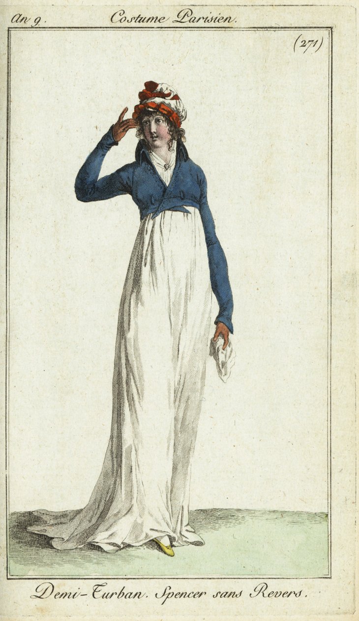 Mujer a la moda con medio turbante y chaqueta spencer de French School