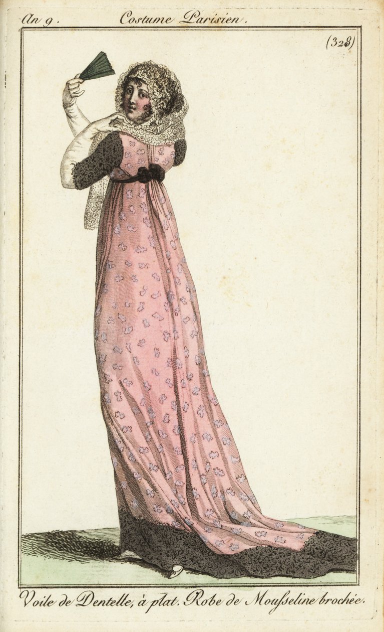 Mujer a la moda con velo de encaje, vestido de muselina de damasco de French School