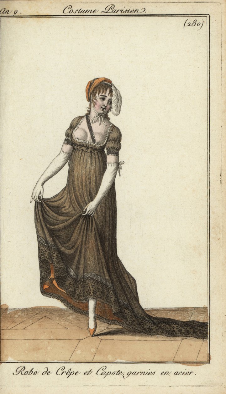 Mujer a la moda con vestido de crespón que revela el pezón de French School