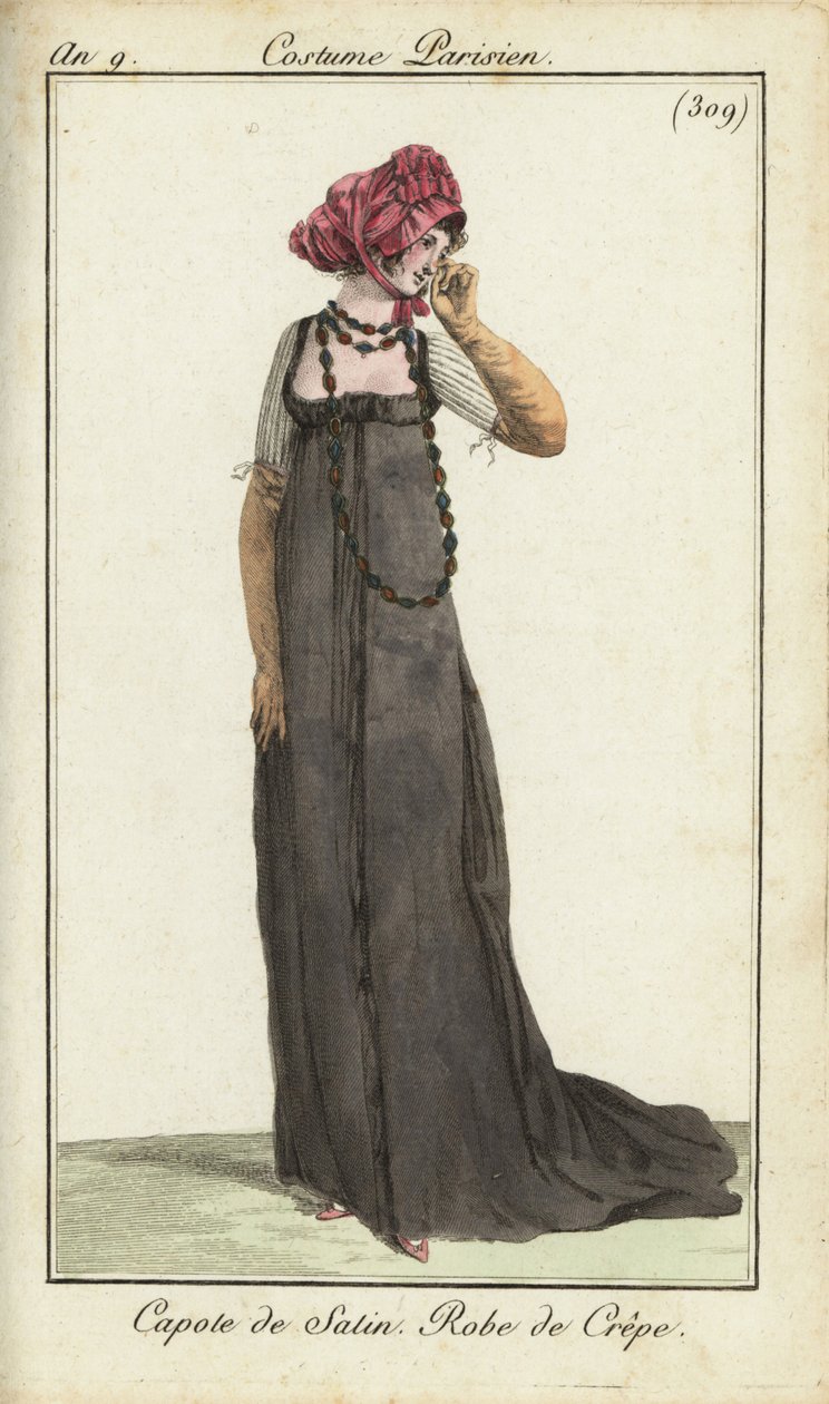 Mujer a la moda con sombrero de satén y vestido de crespón de French School