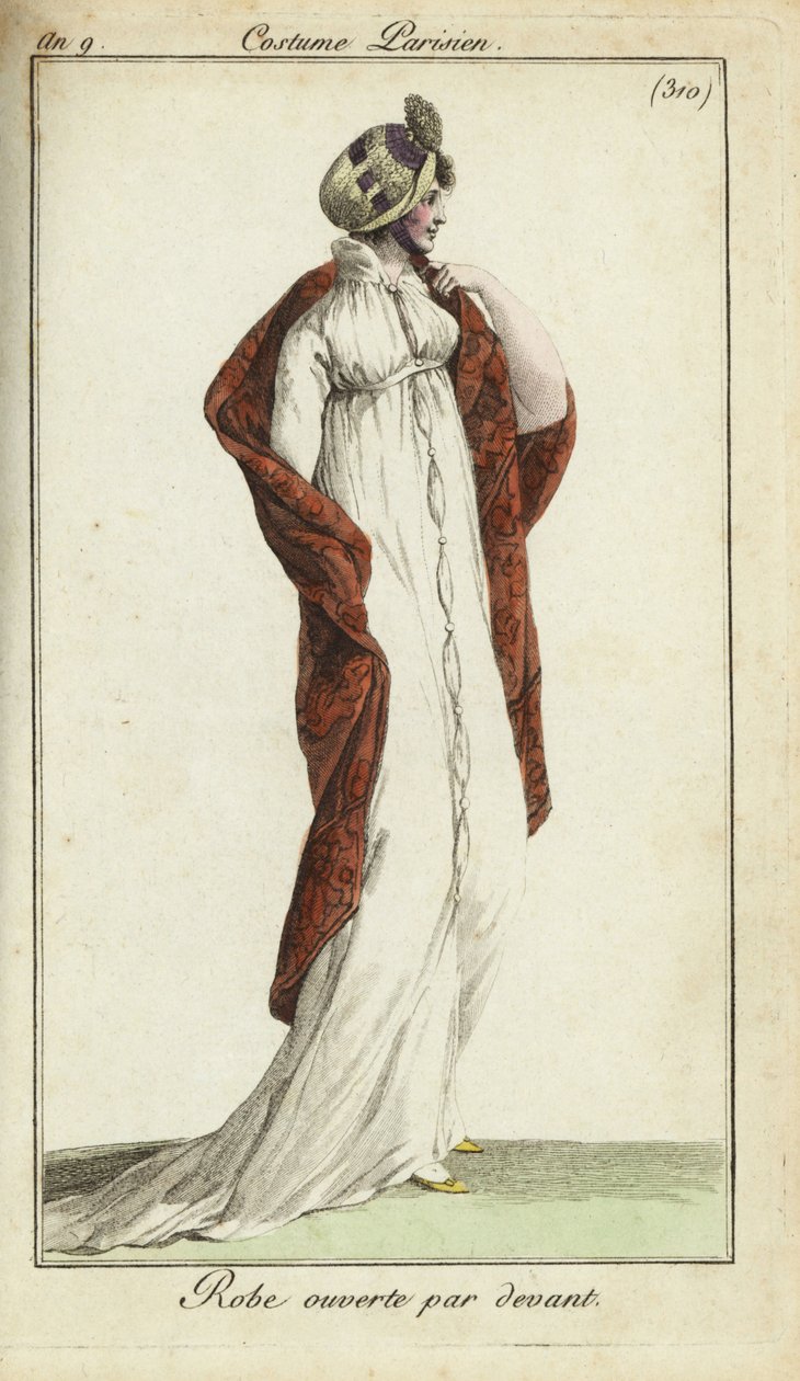 Mujer a la moda con sombrero de paja, vestido y chal de French School