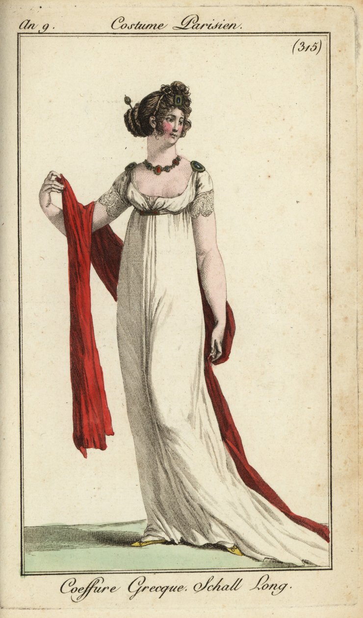 Mujer a la moda o Merveilleuse con peinado de la antigua Grecia de French School