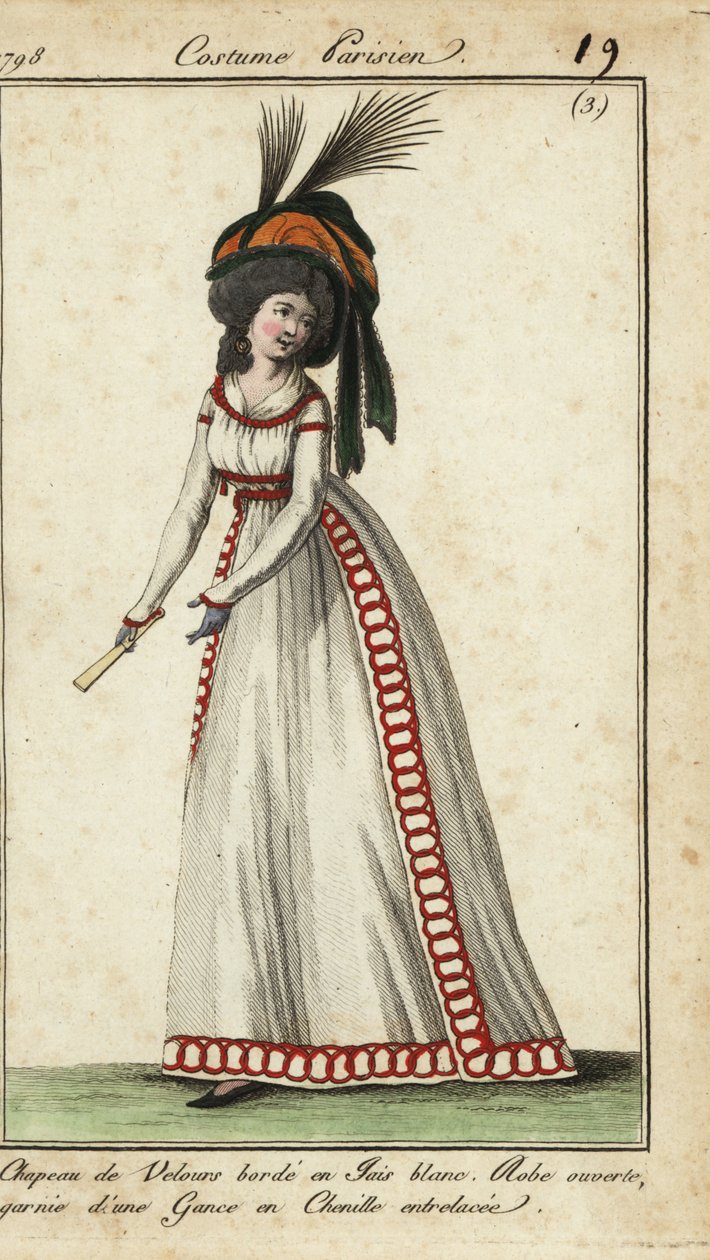 Mujer a la moda con abanico y gran peinado y sombrero de French School