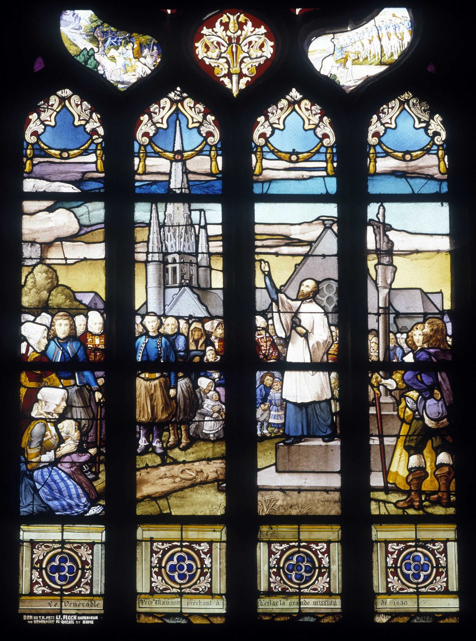 Padre Maunoir predicando en Kerlas la gran misión de 1658 - vitrales de la iglesia de San Germán en Kerlaz de French School