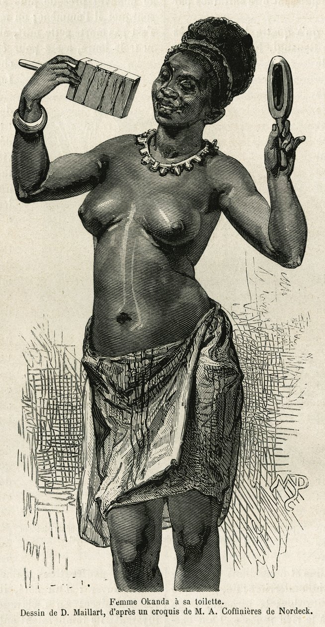 Femme Okanda haciendo su aseo, dibujo de D. Maillard, para ilustrar la historia de un viaje a Gabón y el río Ogoué, en 1875-1877, por Alfred Marche. Grabado en Le tour du monde de French School
