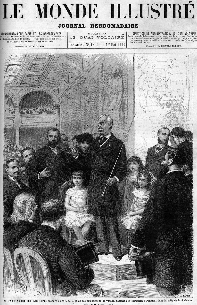 Ferdinand de Lesseps rodeado por su familia y compañeros de viaje, relatando su viaje a Panamá en la Salle de la Sorbonne. Portada de “El Mundo Ilustre” de 1880. de French School