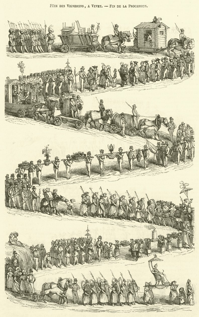 Fete des Vignerons, en Vevey, final de la procesión (grabado) de French School