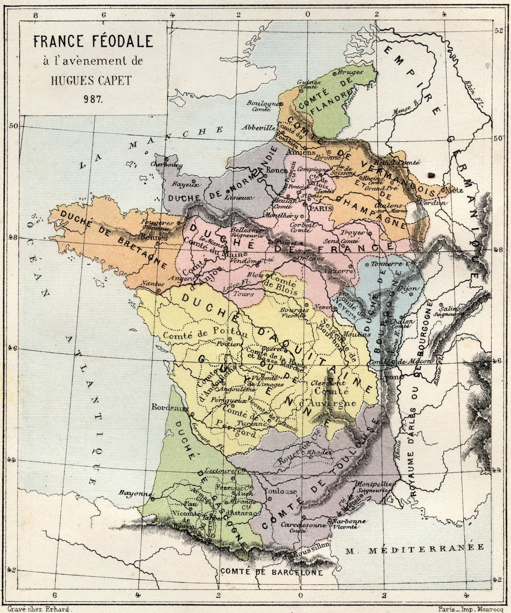 Feudalismo - Francia Feudal en el advenimiento de Hugo Capeto - 987 - grabado de “La historia de Francia contada a mis nietos” - por François Guizot - 1872-1876 de French School