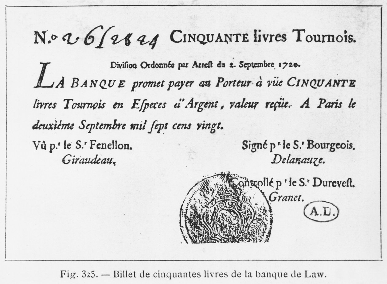 Billete de cincuenta libras francesas del Banco de Law, fechado el 2 de septiembre de 1720 de French School