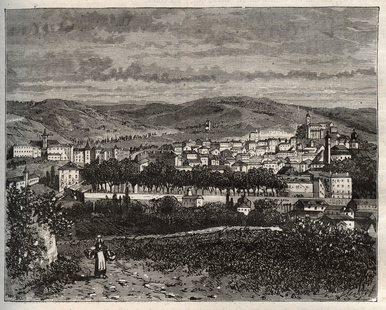 Figeac - Lot, en la región de Midi-Pyrénées - grabado en 