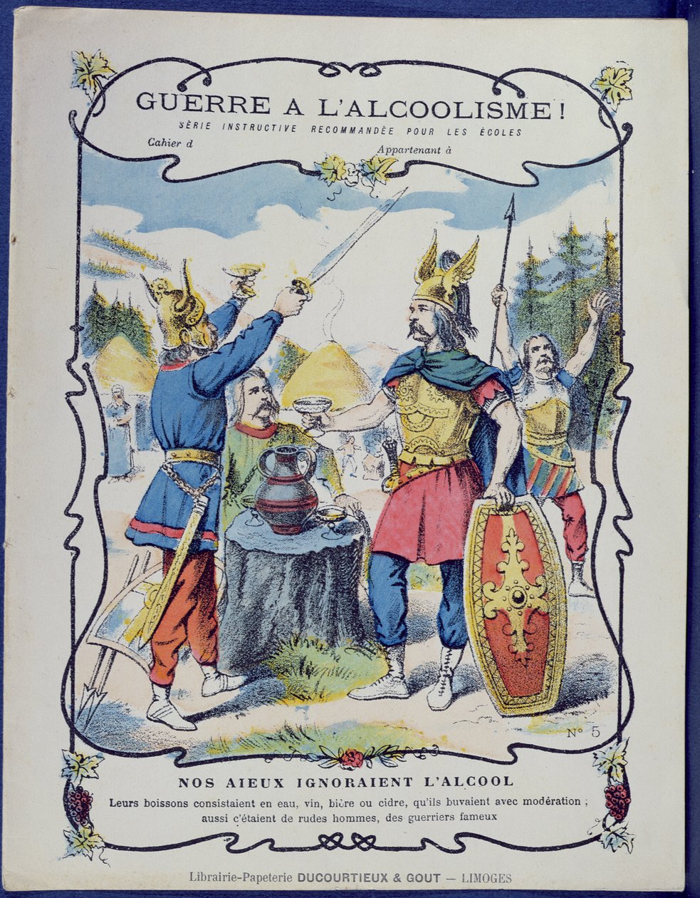 ¡Lucha contra el alcoholismo!, una ilustración de guerreros galos de una funda protectora para libros escolares, finales del siglo XIX de French School