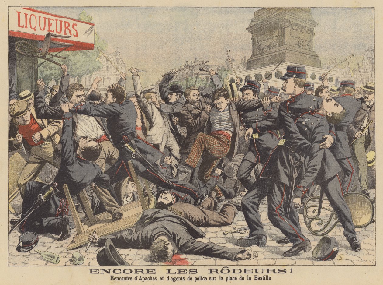 Combate entre apaches y la policía en la plaza de la Bastilla de París (litografía en color) de French School