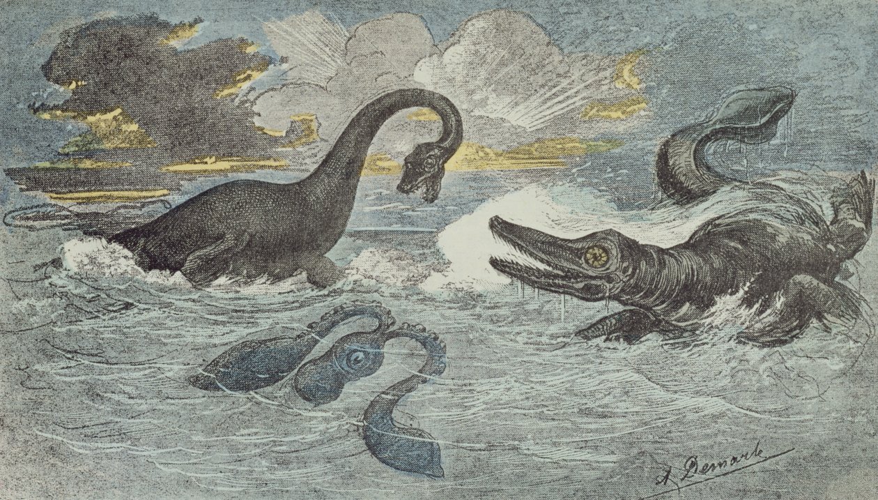 Lucha entre un Plesiosaurio y un Ictiosaurio en el período Liásico o Jurásico, 1880 de French School