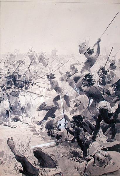 Lucha entre zulúes y soldados ingleses, c.1878 de French School