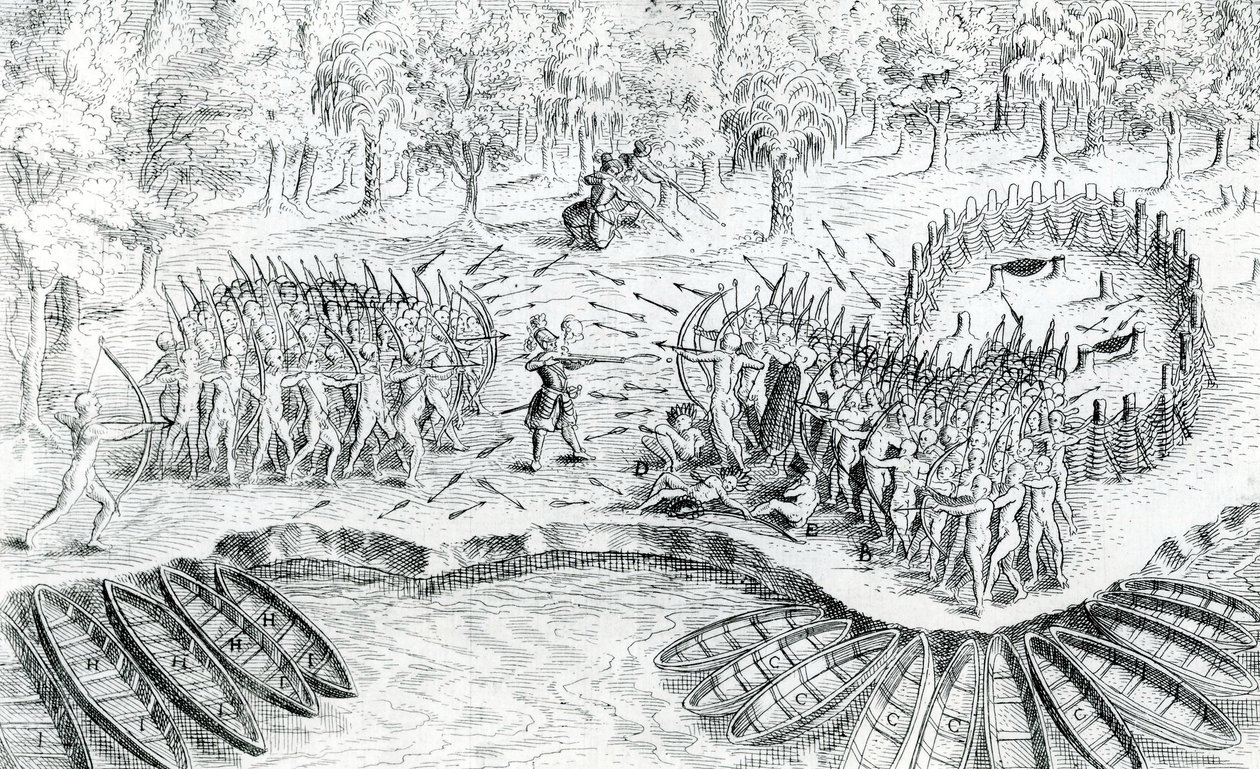 Lucha de Hurones, de Viaje de Champlain en 1624 por Samuel de Champlain de French School