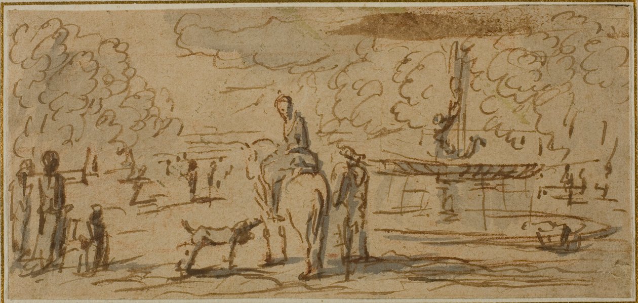 Figuras caminando y a caballo en un parque de French School
