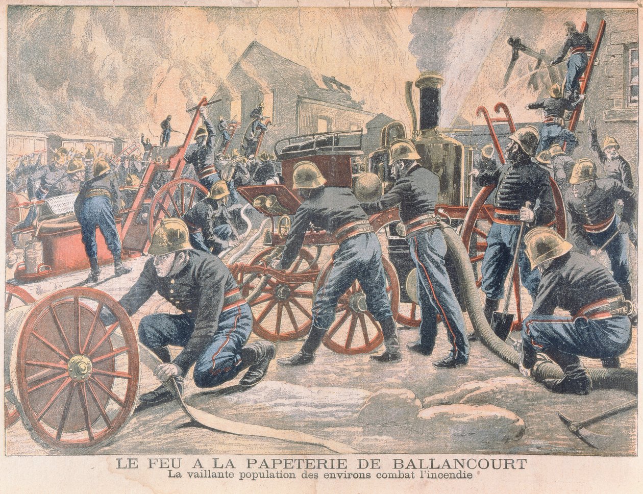 Bomberos combatiendo un incendio en una fábrica de papel en Ballancourt, de Le Petit Journal, 1905 de French School