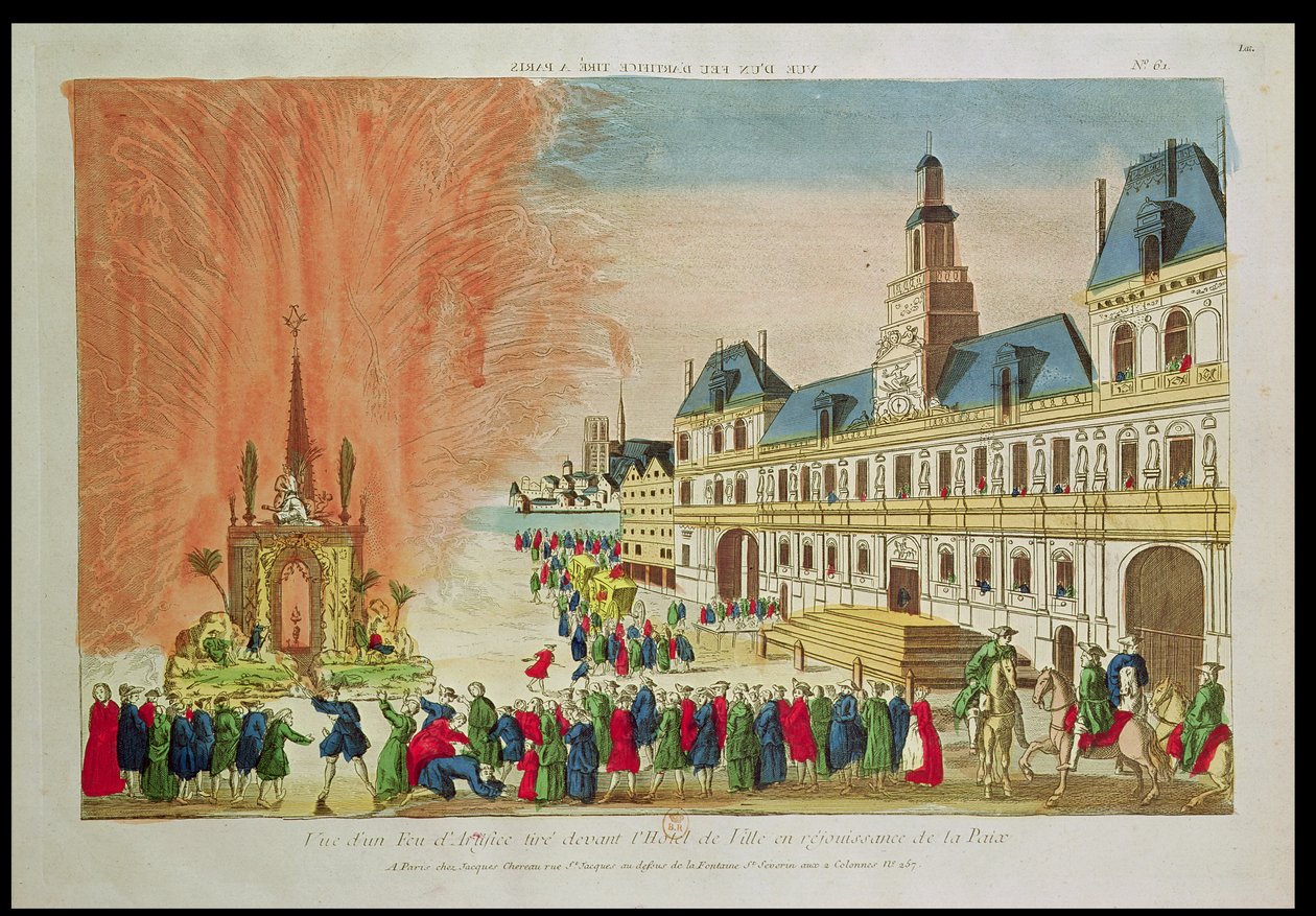 Fuegos artificiales frente al Hotel de Ville en París celebrando la Paz de Versalles, 1783 de French School