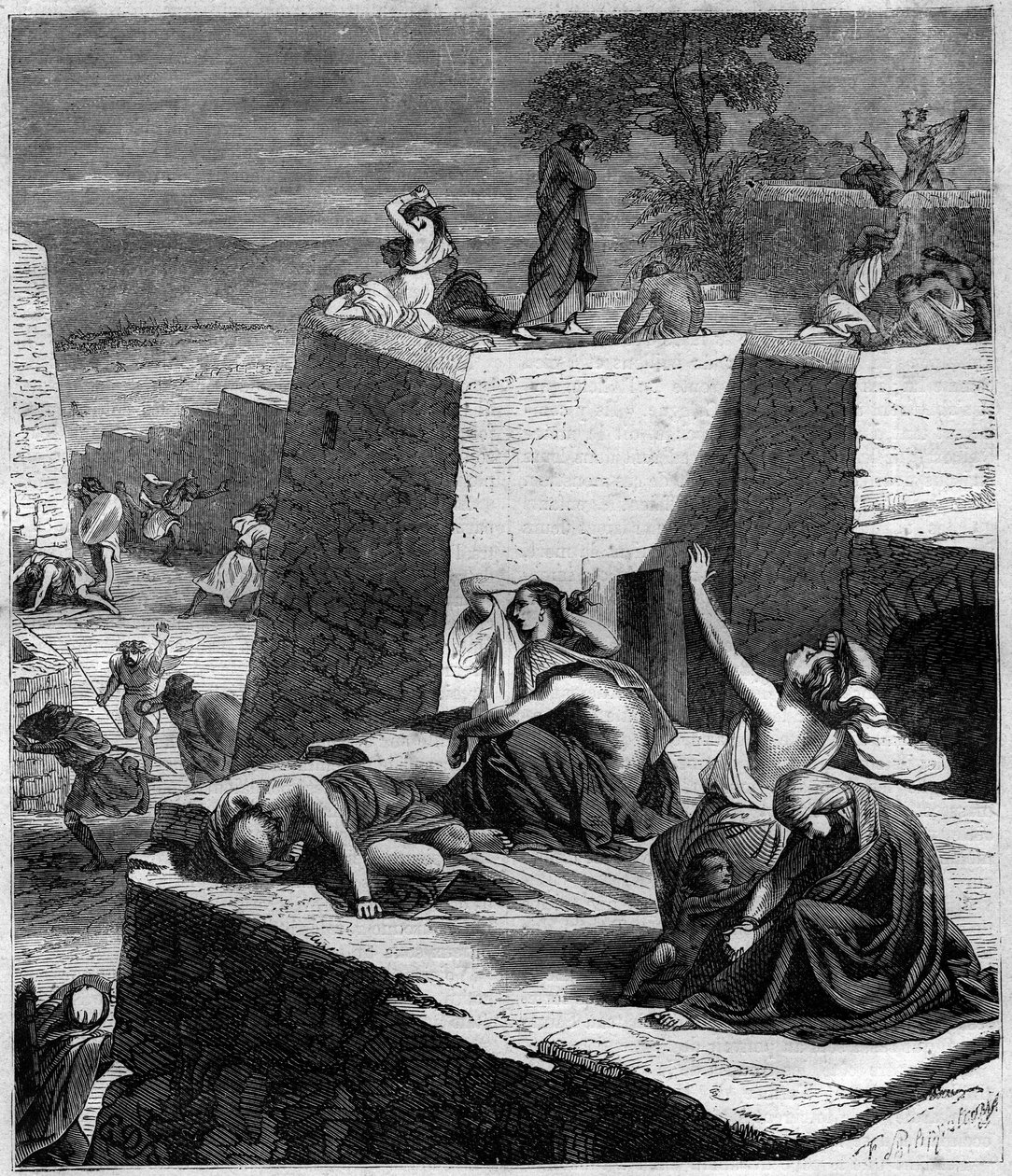 Primera Cruzada (1096-1099): Las Cruzadas Alemanas aplastan a los Húngaros y prenden fuego a las ciudades. Grabado en “Historia de los Papas-Reyes-Reinas y Emperadores a través de los siglos” de Maurice Lachatre de French School