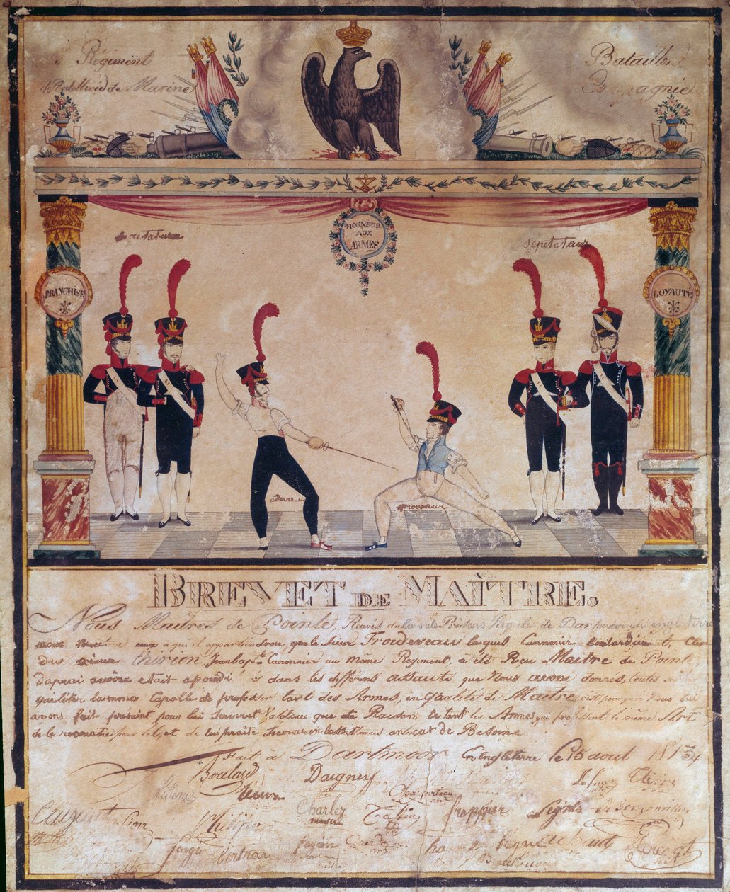 Primer Imperio: Certificado de Maestro de Armas en 1813. Diploma de esgrima, París, Museo del Ejército de French School