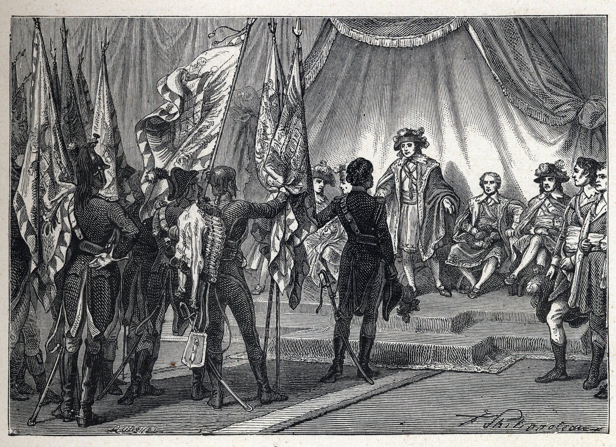 Primera coalición: Joachim Murat (1767-1815) presenta al Directorio Ejecutivo las banderas conquistadas por el ejército francés, comandado por Napoleón Bonaparte, durante la campaña italiana. Grabado de 1889. Colección privada. de French School