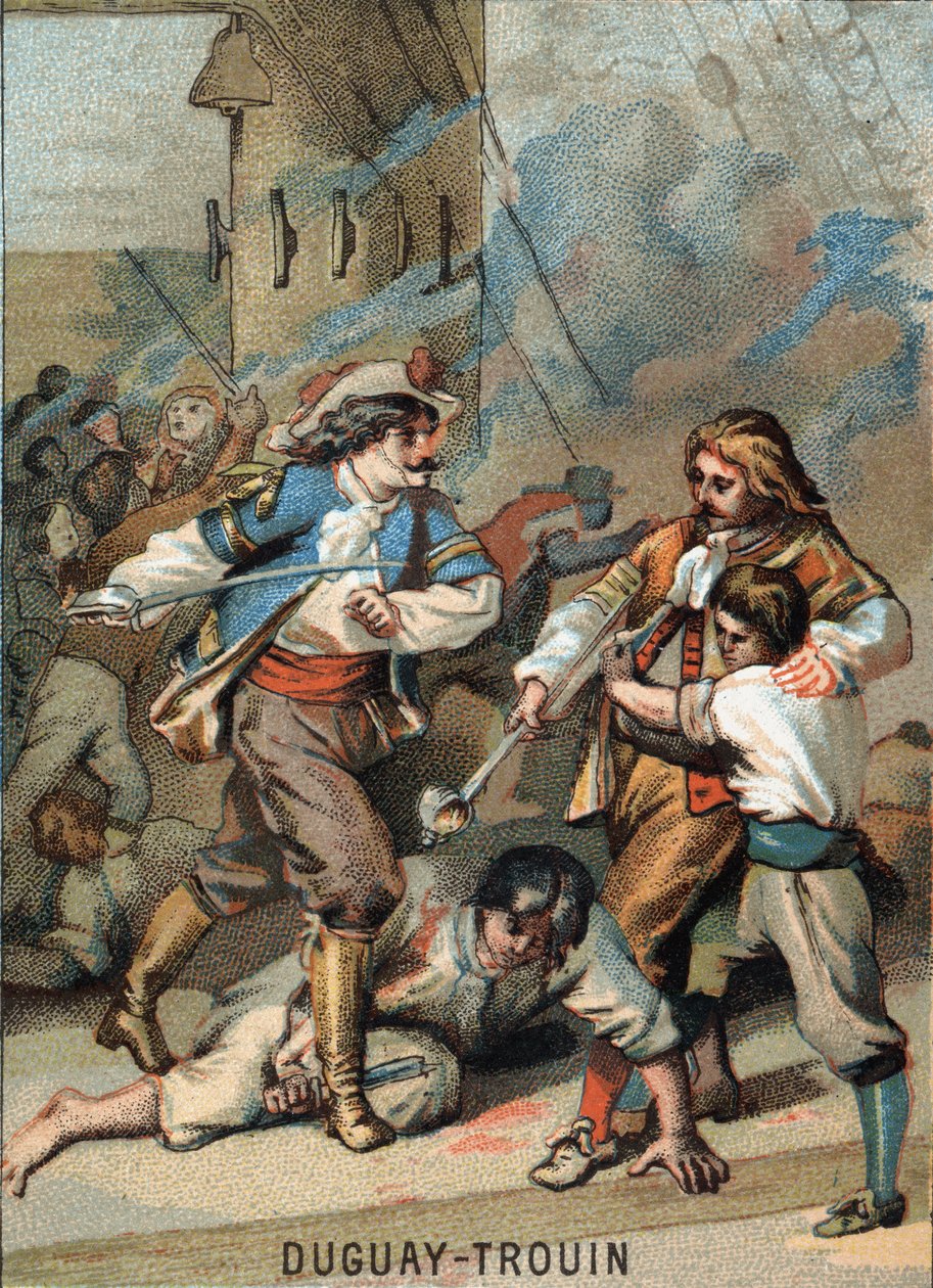 Primera hazaña de René Duguay Trouin (Duguay-Trouin) (René Trouin du Gue dit) (1673-1736), marinero francés: Duguay - Trouin combatiendo Wassenaer (1695). Cromolitografía de la Serie “Patriotic Education through Image”. de French School