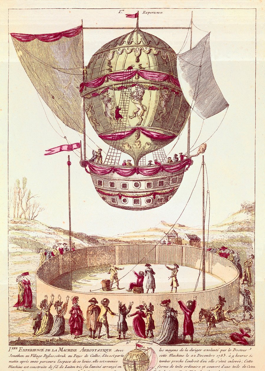 Primer vuelo de un globo aerostático, 22 de diciembre de 1783 en Defsessebruk (Gales) (litografía) de French School
