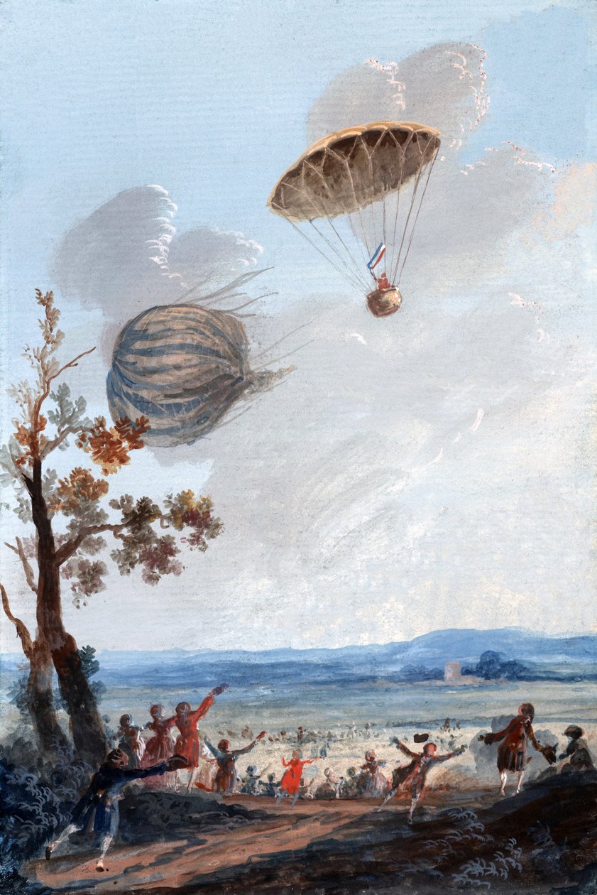 Primer hombre en descender en paracaídas, 22 de octubre de 1797, en Parc Monceau, París, c.1797 de French School