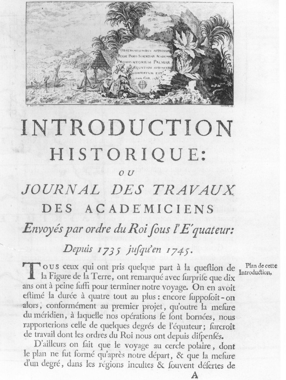 Primera página de la introducción al Journal des Travaux des Academiciens Envoyes par Ordre du Roi sous l