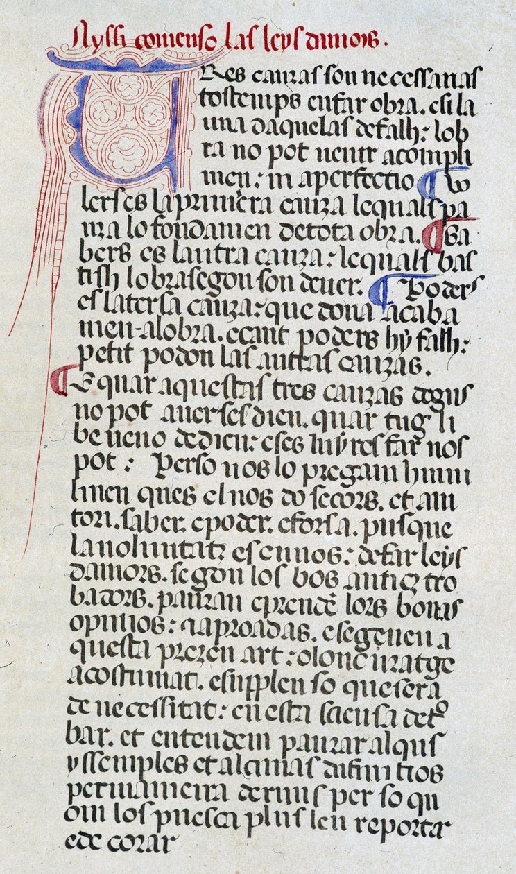 Primera página del manuscrito de las Leyes del amor "Leys d
