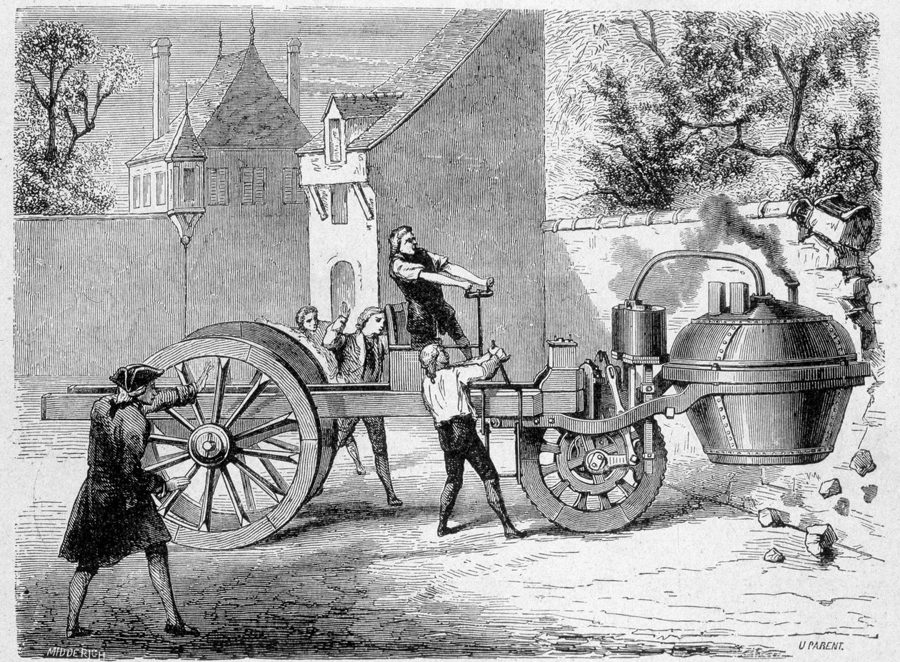 Primer coche de vapor (el fardier) probado por el inventor Cugnot, dentro del Arsenal, París de French School