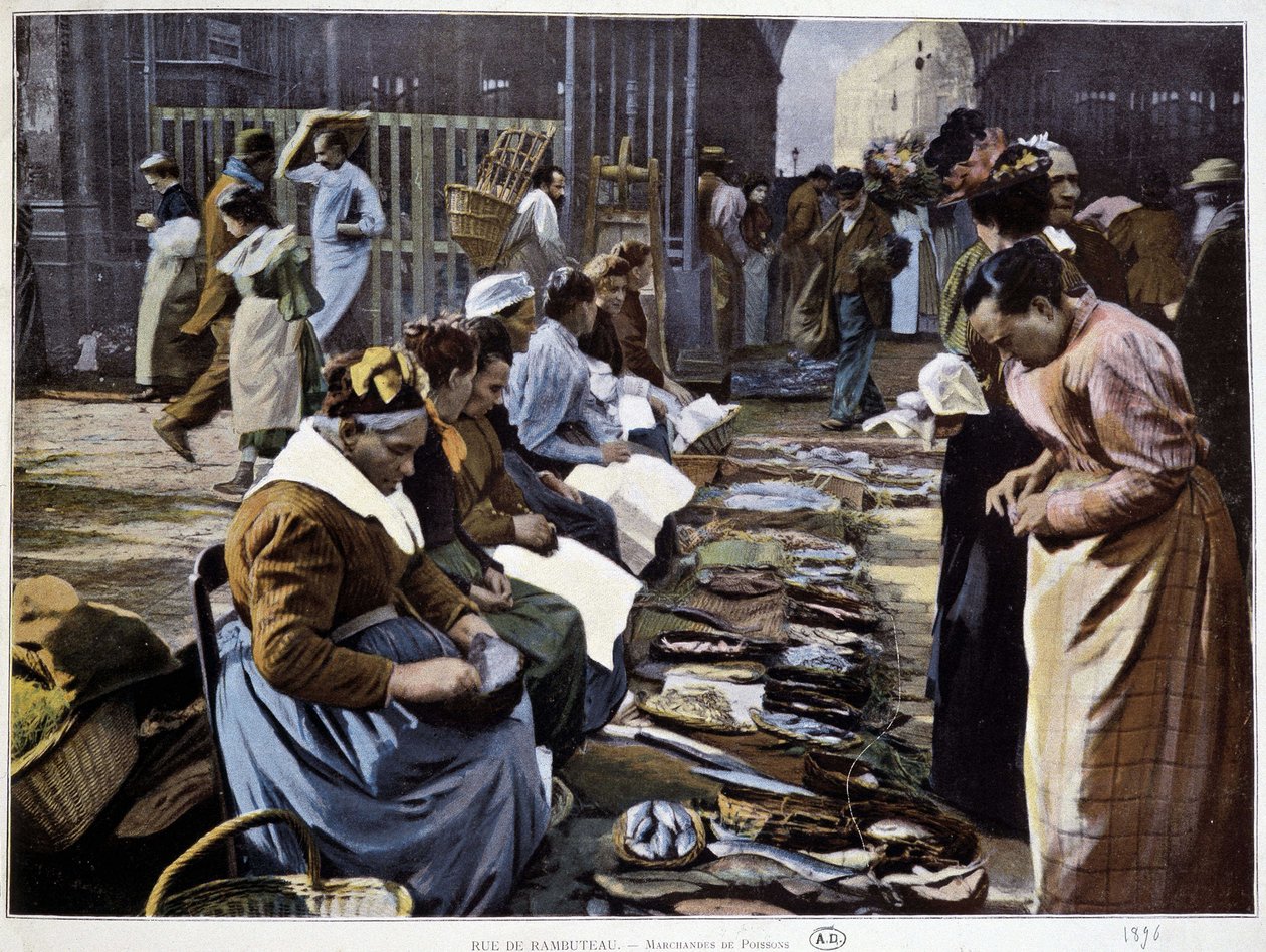 Vendedores de pescado en la rue Rambuteau (Halles) de French School