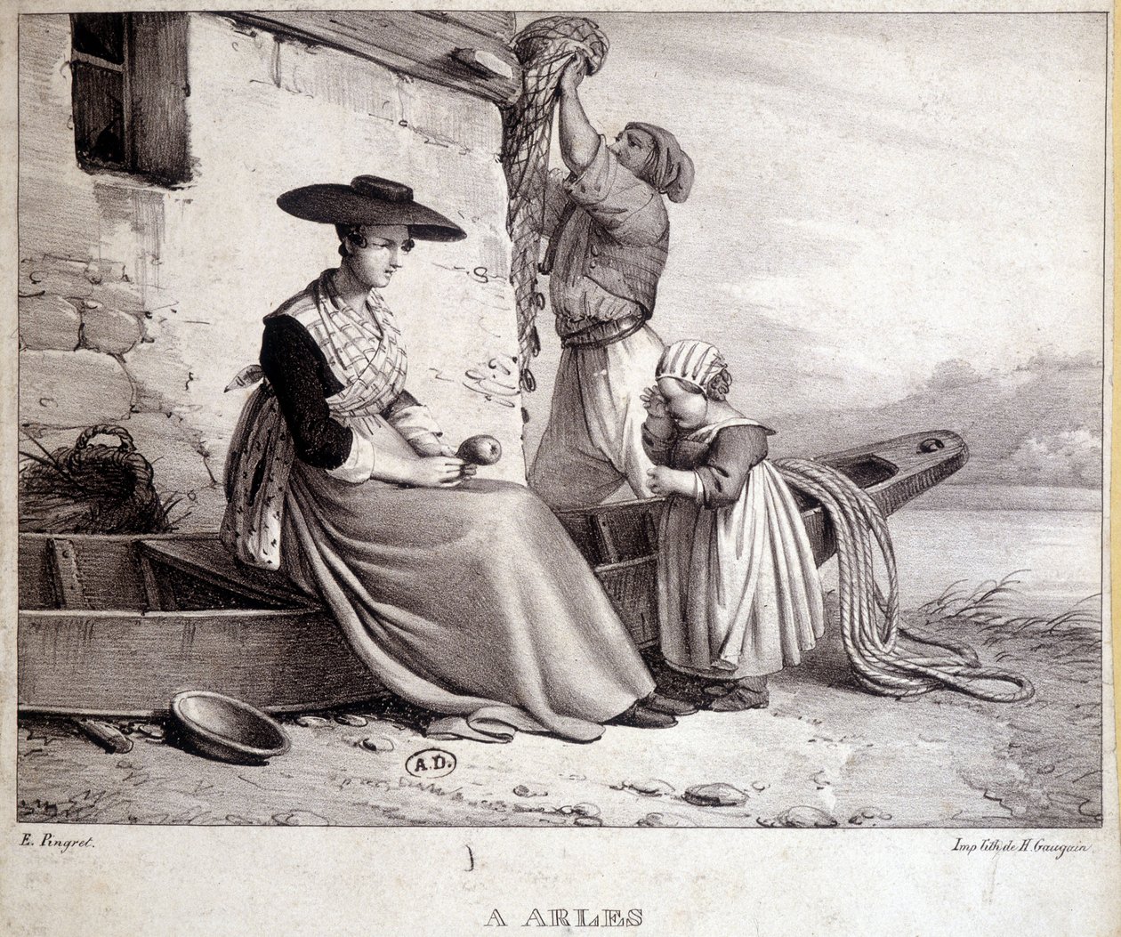 Pescador, su esposa en traje regional y su hijo en Arles de French School