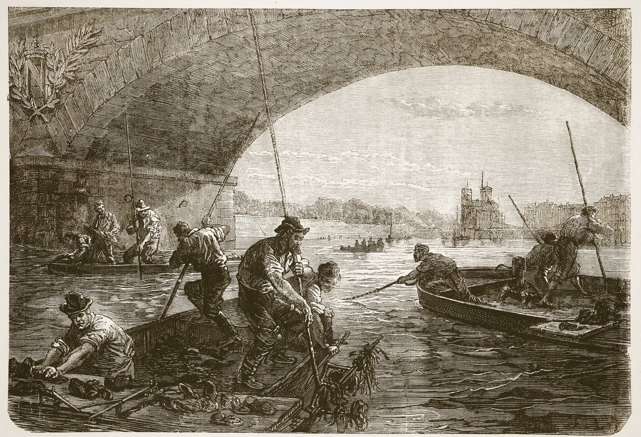 Pescando armas en el Sena, ilustración de la Historia de la Guerra entre Francia y Alemania, 1870-1871 de French School