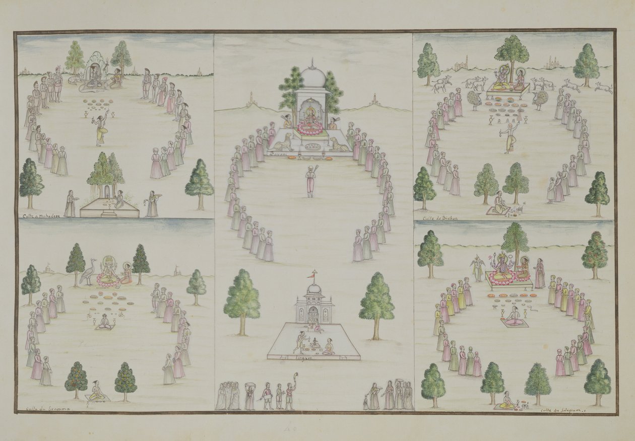 Cinco Cultos Hindúes: Shiva, Krishna, Vishnu, Brahma y la Diosa Madre del Álbum Gentil, publicado en 1774 de French School