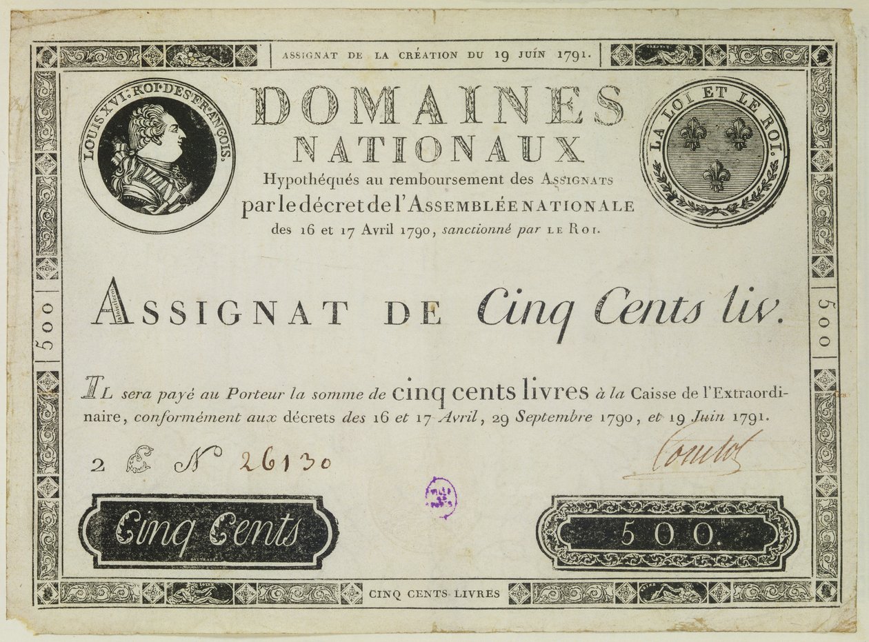 Billete de quinientos libros, 19 de junio de 1791 de French School