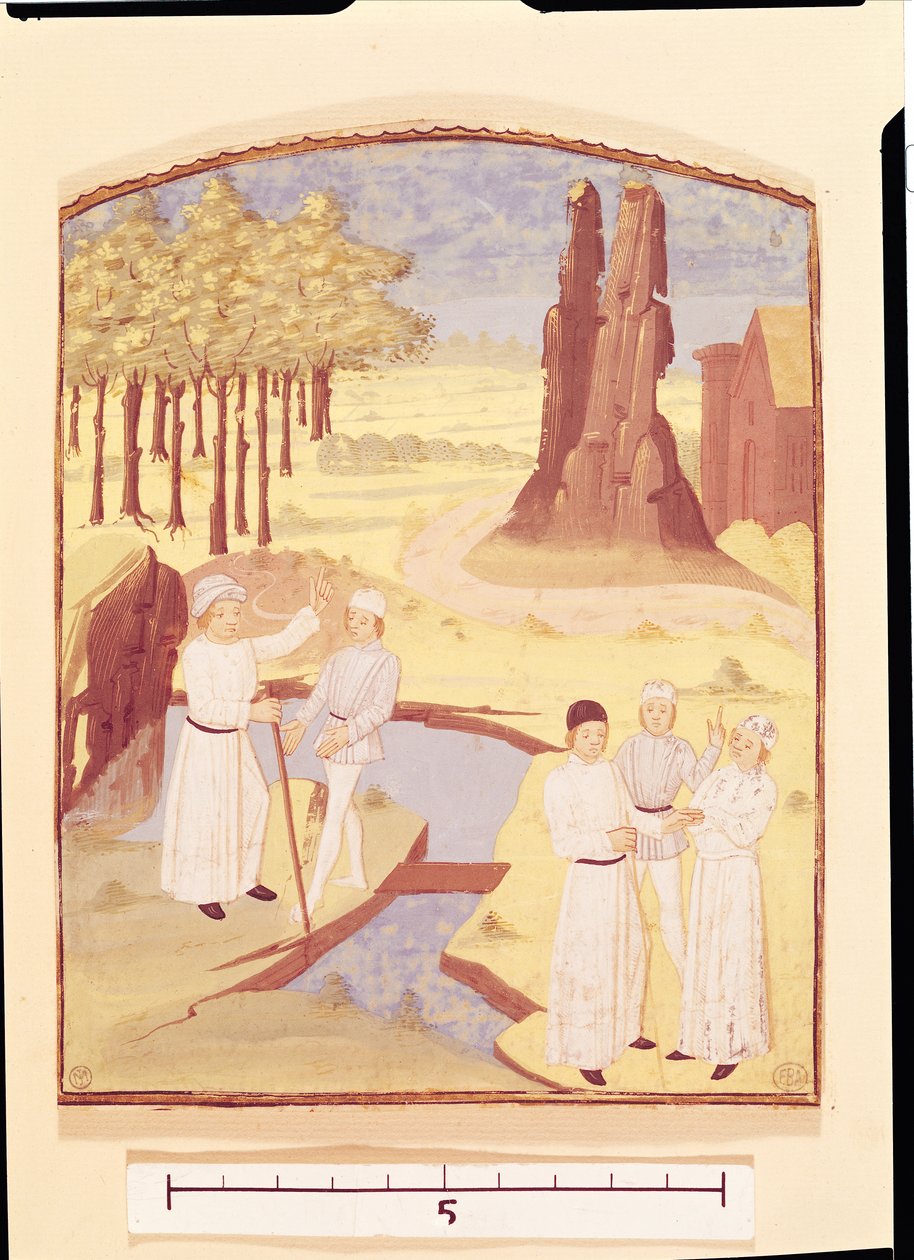 Cinco personas discutiendo sobre diseño de jardines, del Libro de los Beneficios Campestres de Pietro de Crescenzi (1230-132021) de French School