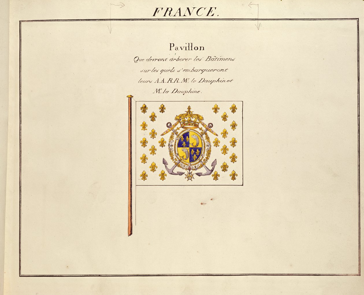 Bandera del Delfín y la Delfina, Luis Antonio y María Teresa de Francia, de Pavillons des Puissances Maritimes, c.1815-30 (grabado en color) de French School