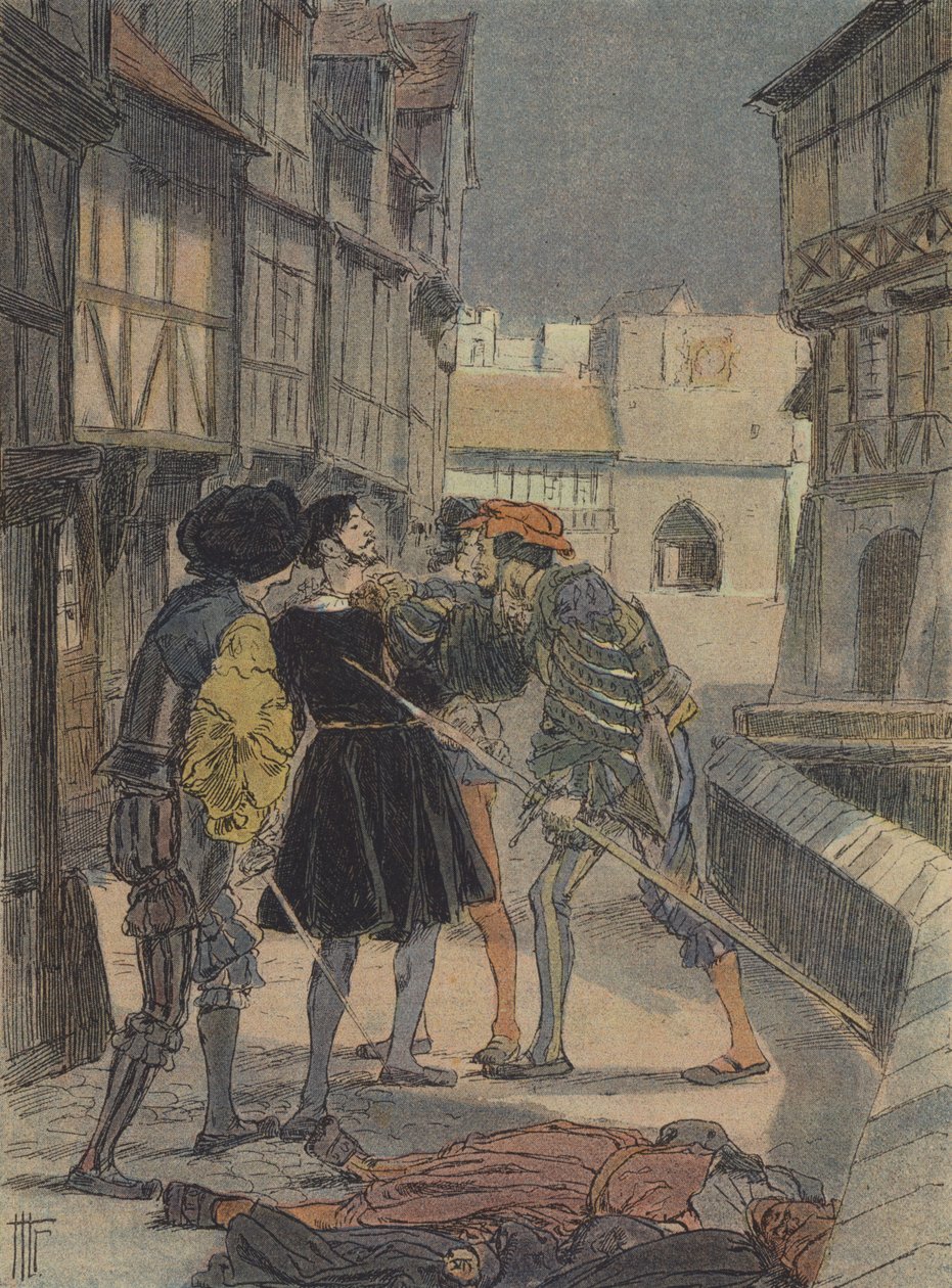 El orfebre y escultor florentino Benvenuto Cellini rodeado y amenazado por un grupo de hombres (litografía en color) de French School