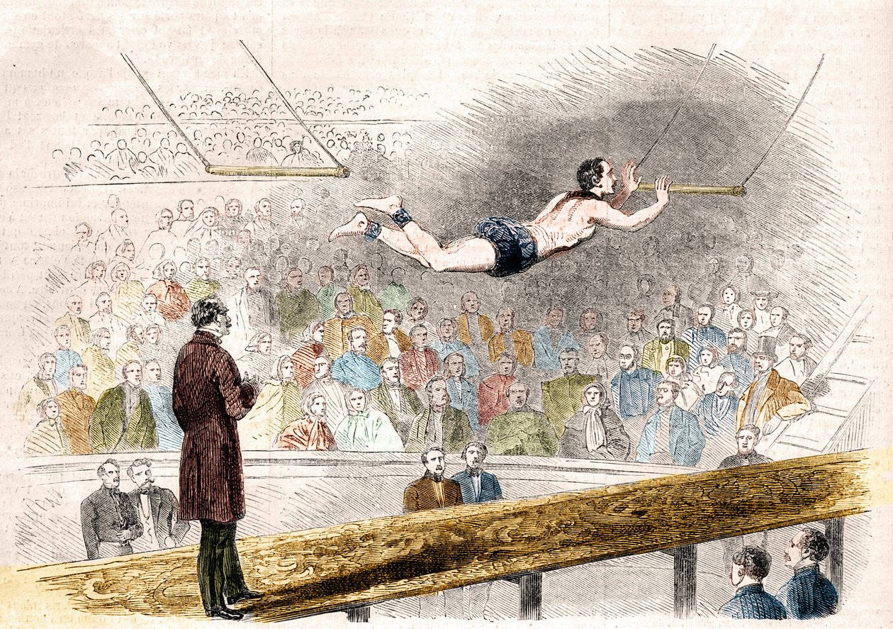 Número de trapecio volador por el acróbata francés Jules Leotard (1839-1870) en el Cirque de Napoléon (hoy, Cirque d