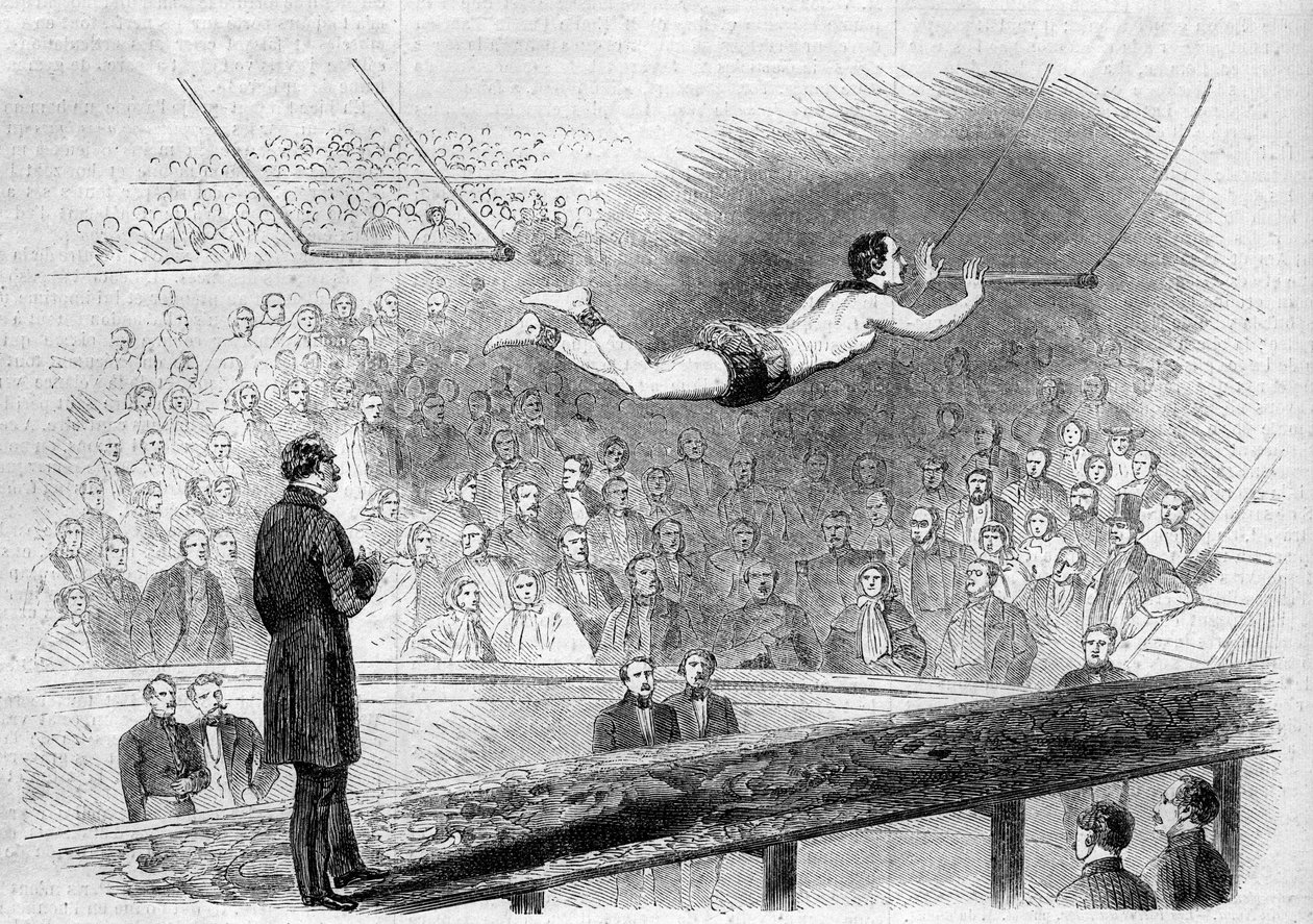 Número de trapecio volante por el acróbata francés Jules Leotard (1839-1870) en el Cirque de Napoléon (hoy, Cirque d