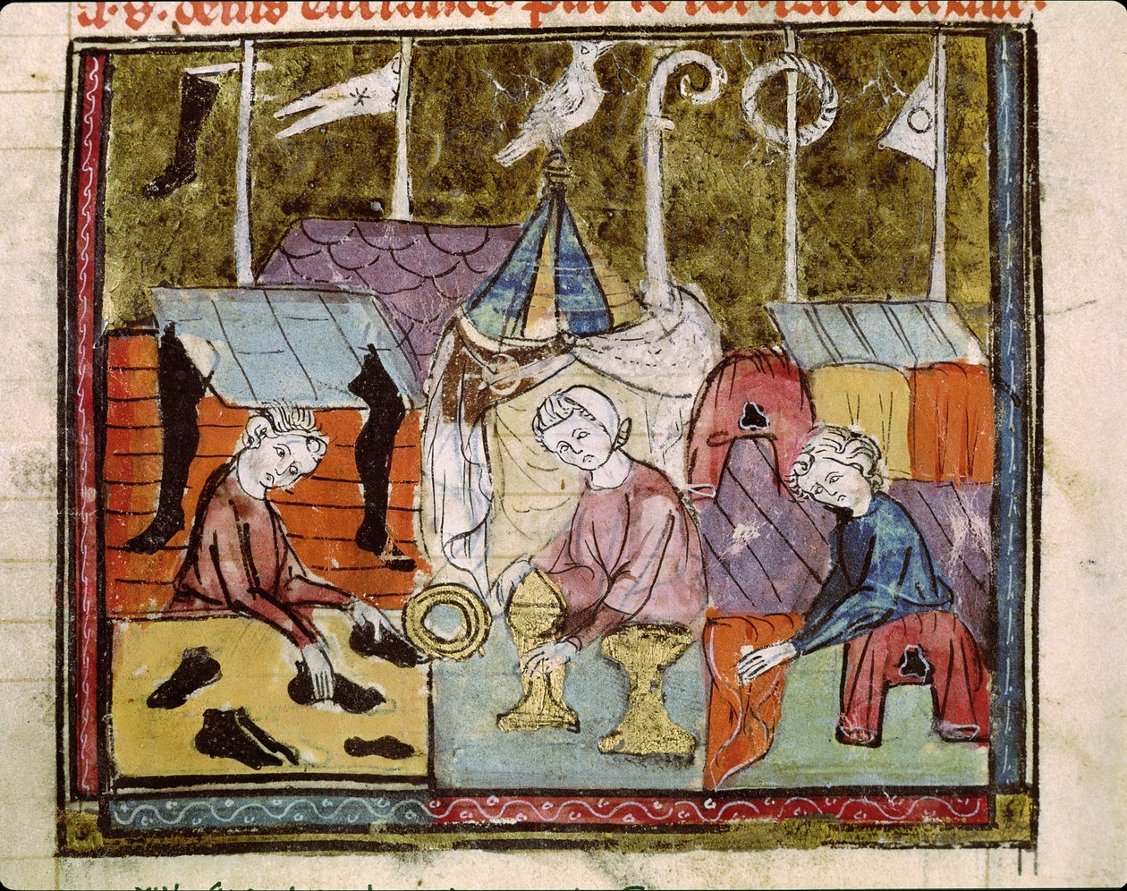 Fol.122v Comerciantes en la feria de Lendit cerca de St. Denis, de las Grandes Crónicas de Francia, 1375-79 de French School
