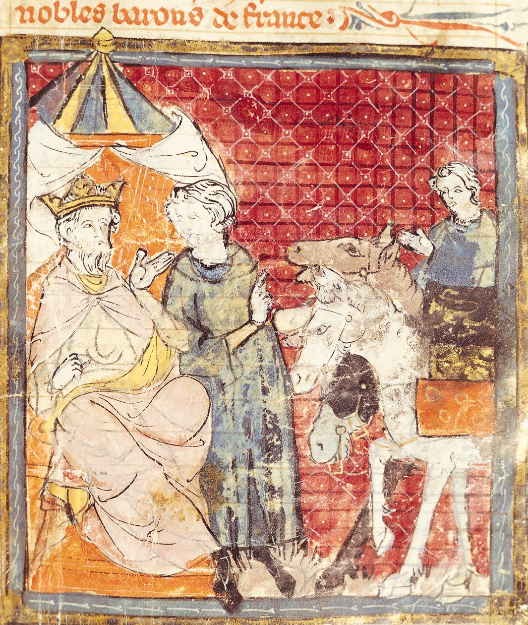 Fol.133r Roland despidiéndose de Carlomagno (742-814), Grandes Crónicas de Francia, 1375-79 de French School
