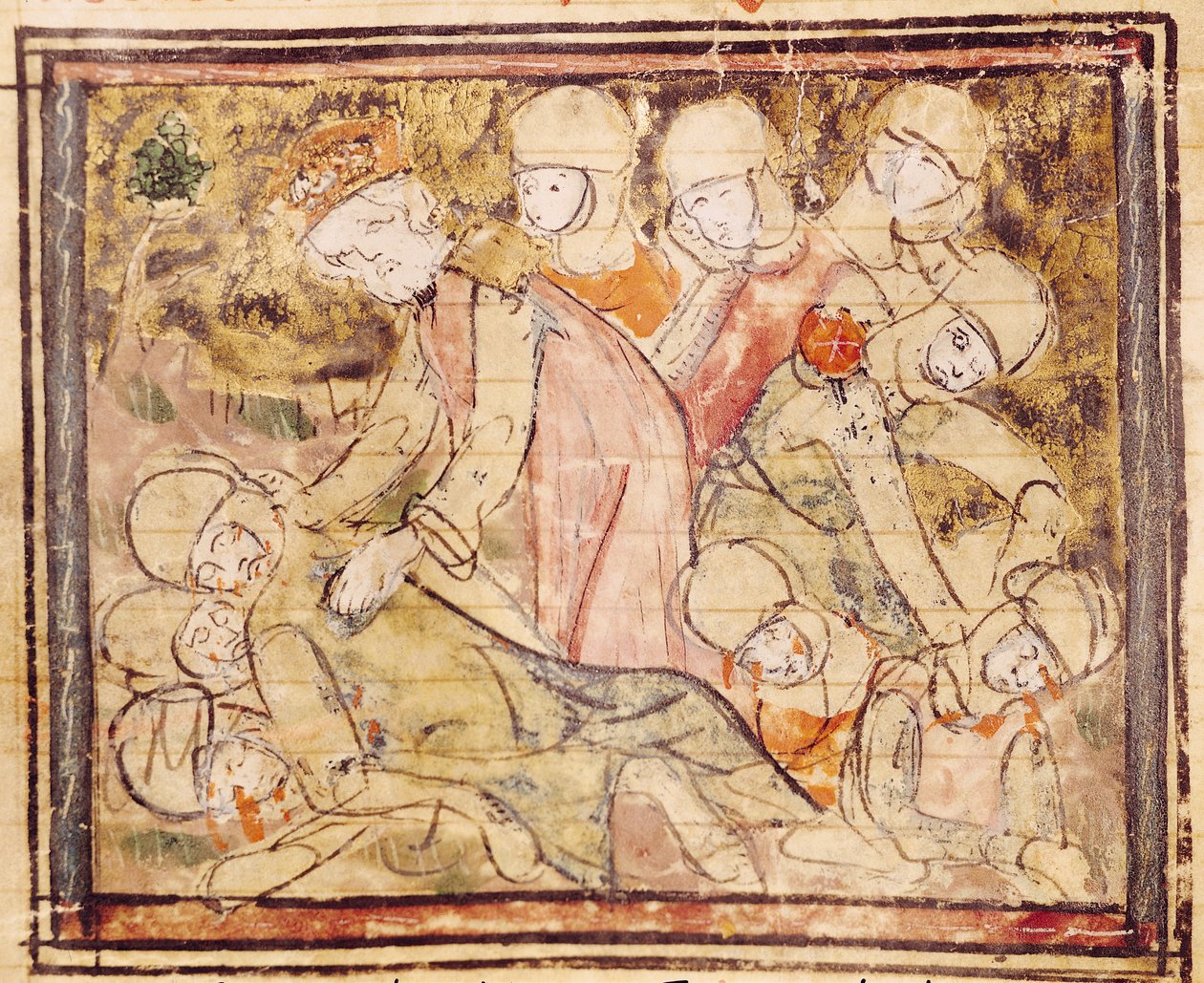 Fol.136v Cómo Carlomagno (742-814) encontró a Roldán muerto, de las Grandes Crónicas de Francia, 1375-79 de French School