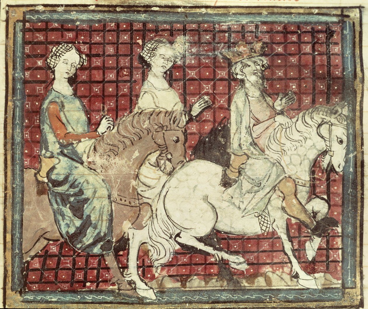 Fol.31r Chilperico I (543-97) y Fredegonda a caballo, de las Grandes Crónicas de Francia, 1375-79 de French School