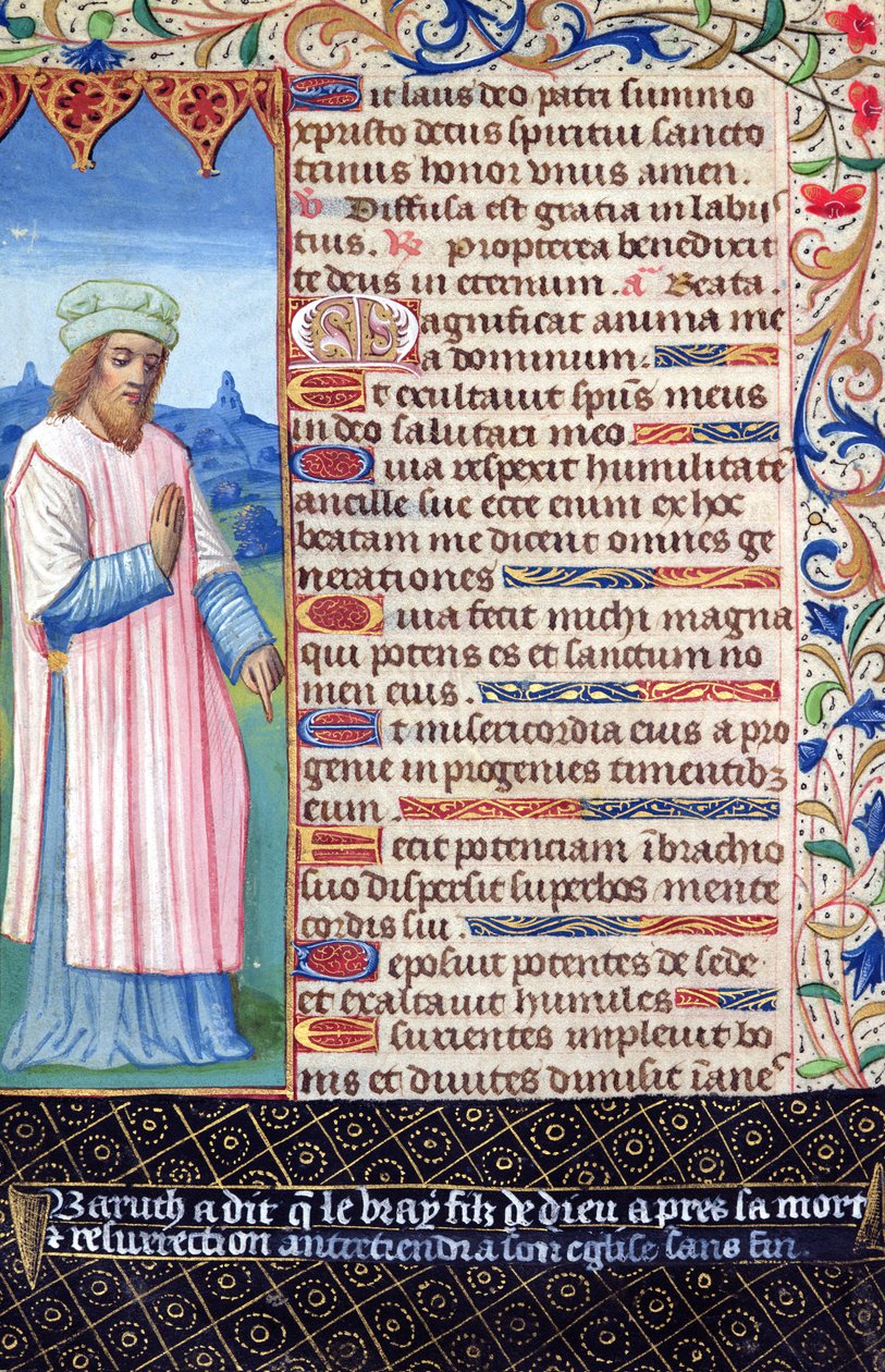 Fol.36v Texto del Magnificat con un retrato de Baruch, de Heures a lUsage de Rome de French School