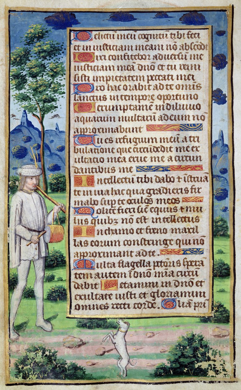 Fol.50v Página de texto con un detalle de borde de un músico haciendo bailar a su perro, de 